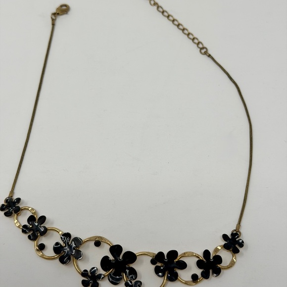 Danish Pilgrim Gold Black Flower Pendant Statement Necklace - Picture 2 of 7